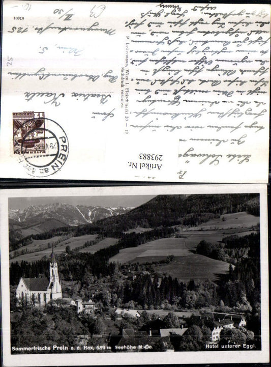 293883,Prein an d. Rax Teilansicht Kirche u. Hotel unterer Eggl Bergkulisse