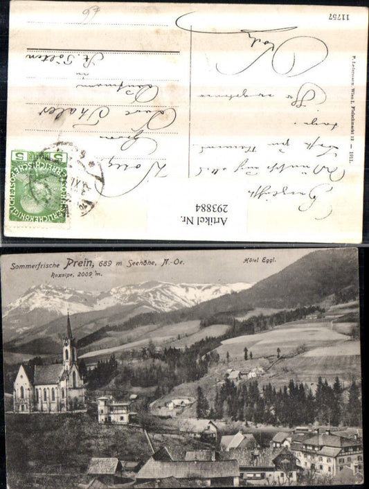 293884,Prein an d. Rax Teilansicht Kirche u. Hotel Eggl geg. Raxalpe Bergkulisse