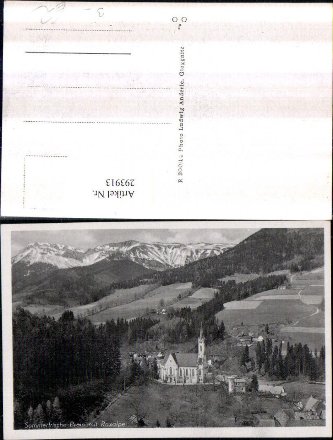 293913,Prein an d. Rax Teilansicht Kirche m. Raxalpe Bergkulisse