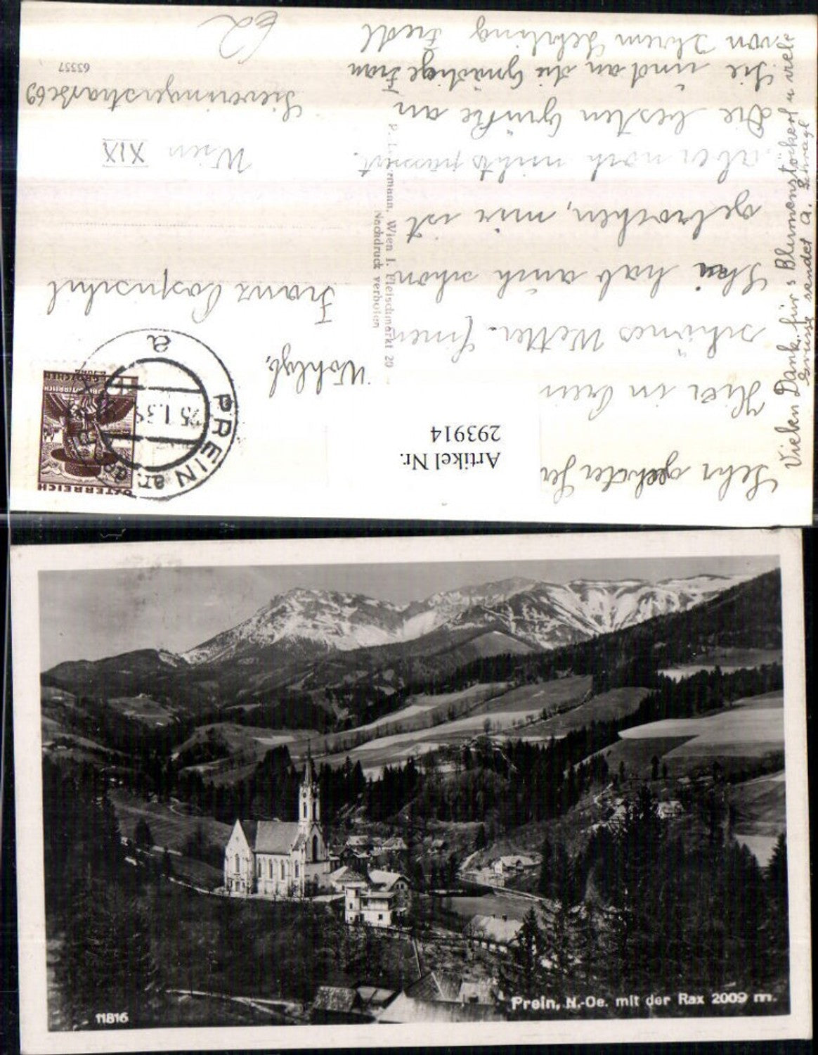 293914,Prein an d. Rax Teilansicht Kirche m. Rax Bergkulisse