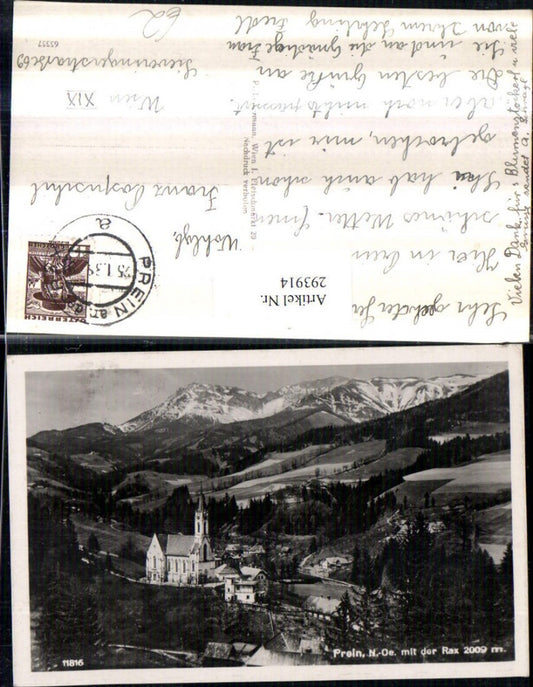 293914,Prein an d. Rax Teilansicht Kirche m. Rax Bergkulisse