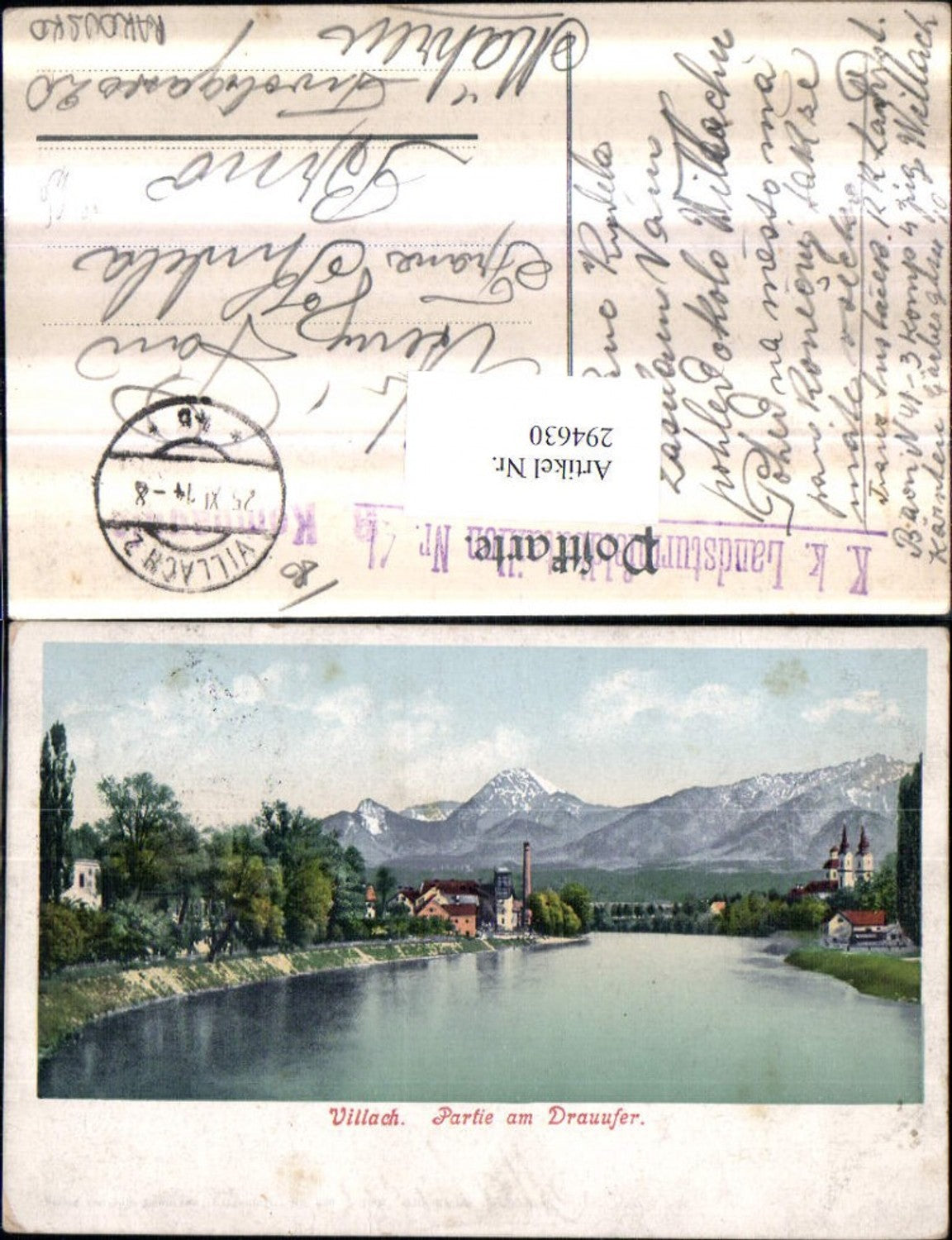 294630,Villach Partie am Drauufer Bergkulisse Feldpost K. k. Landsturmfeldbataillon Nr. 41