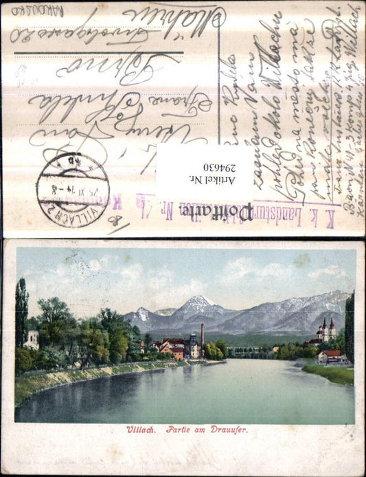 294630,Villach Partie am Drauufer Bergkulisse Feldpost K. k. Landsturmfeldbataillon Nr. 41
