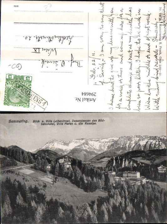294684,Semmering Blick auf Villa Leibenfrost Meran Dependance m. Raxalpe Bergkulisse