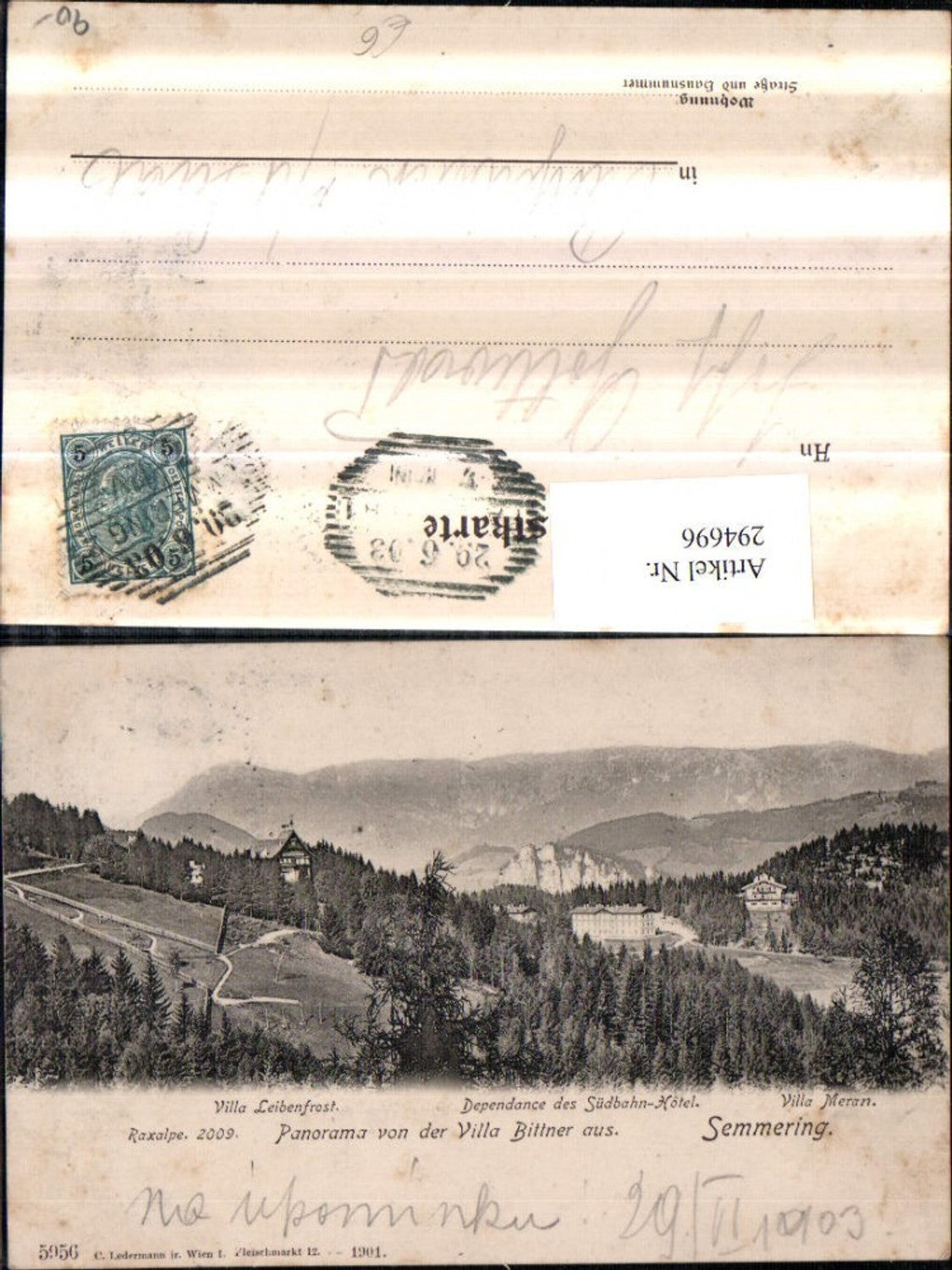 294696,Semmering Panorama m. Villa Leibenfrost Meran Depandance m. Raxalpe Bergkulisse