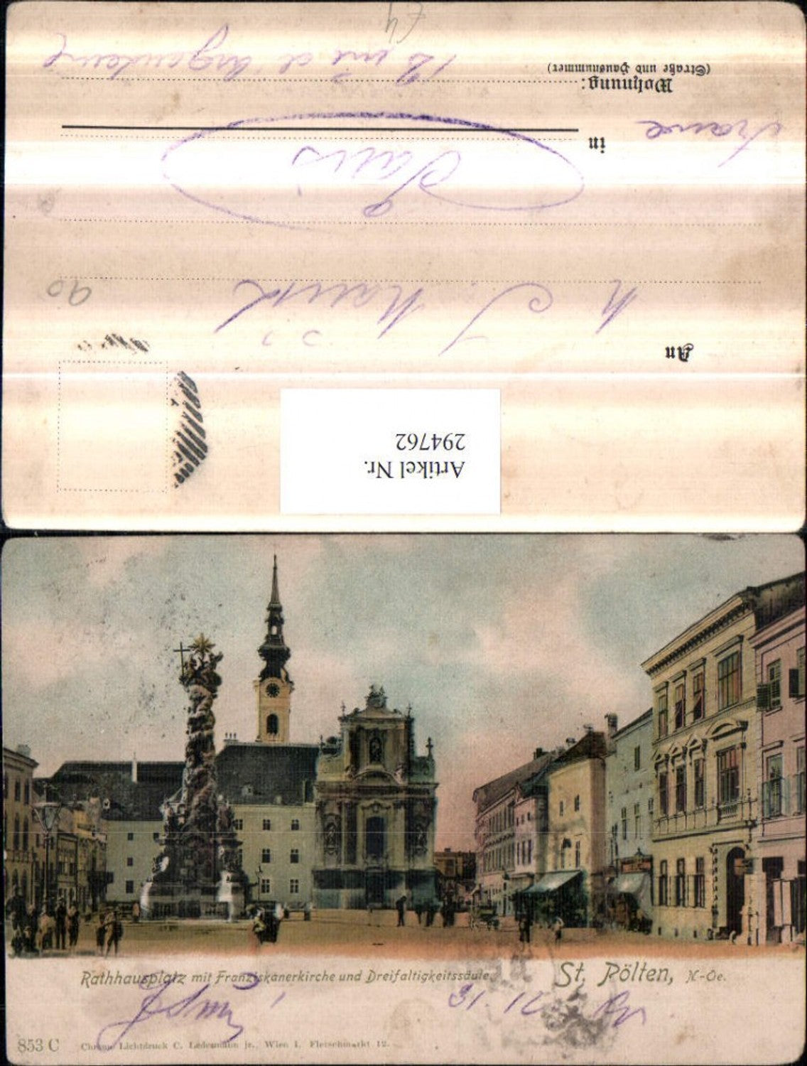 294762,St. Pölten Rathausplatz m. Franziskanerkirche u. Dreifaltigkeitssäule