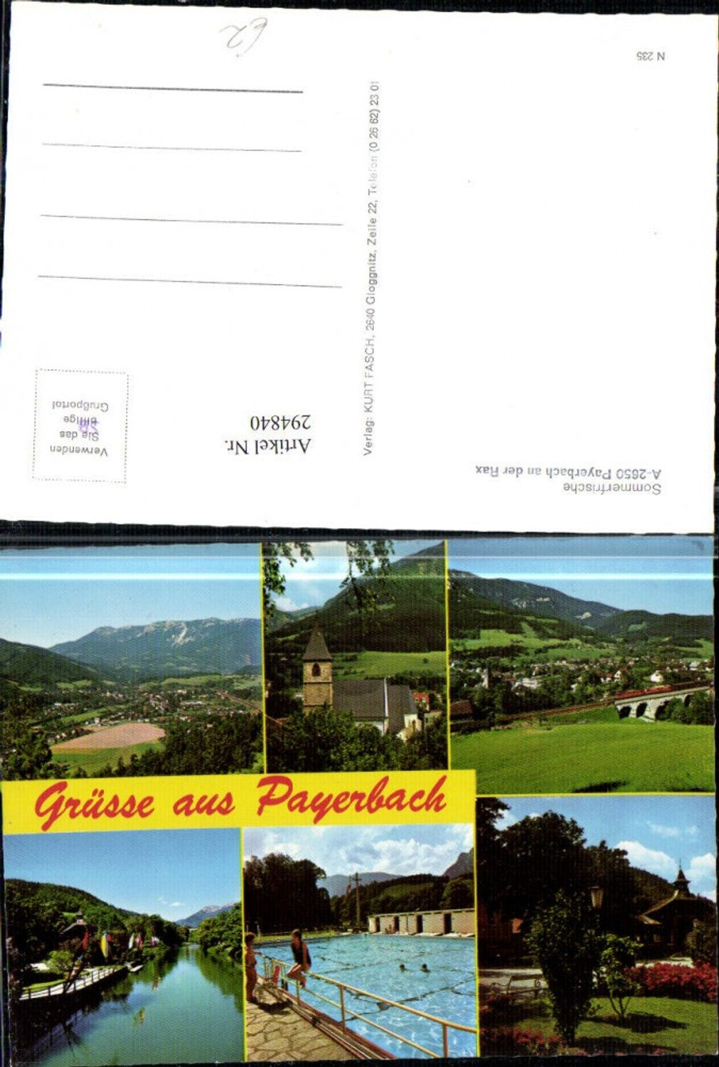 294840,Payerbach Totale Kirche Viadukt Brücke Schwimmbad Mehrbildkarte
