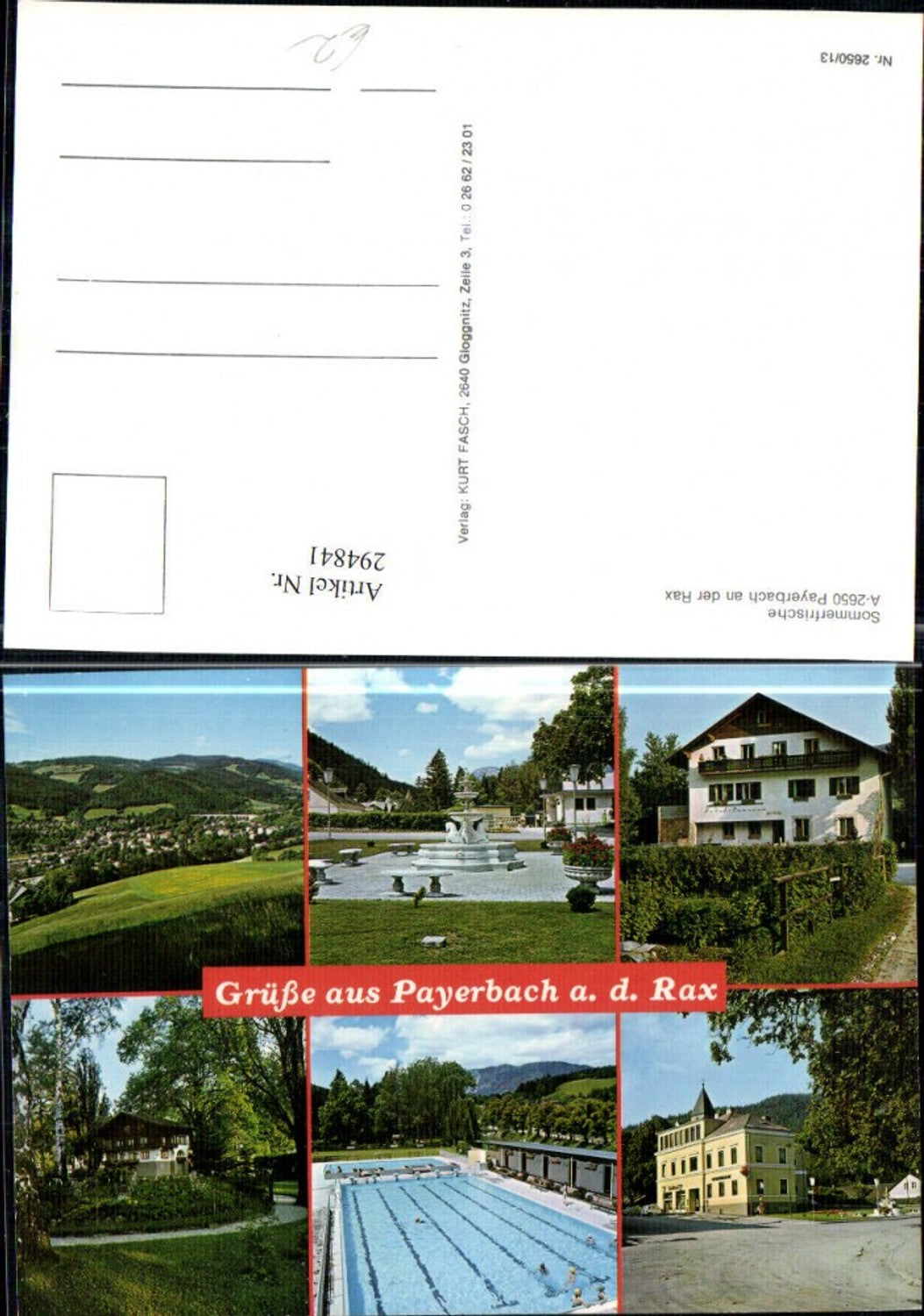 294841,Payerbach Totale Schwimmbad Brunnen Gemeindeamt Hotel Pension Astrid Mehrbildkarte