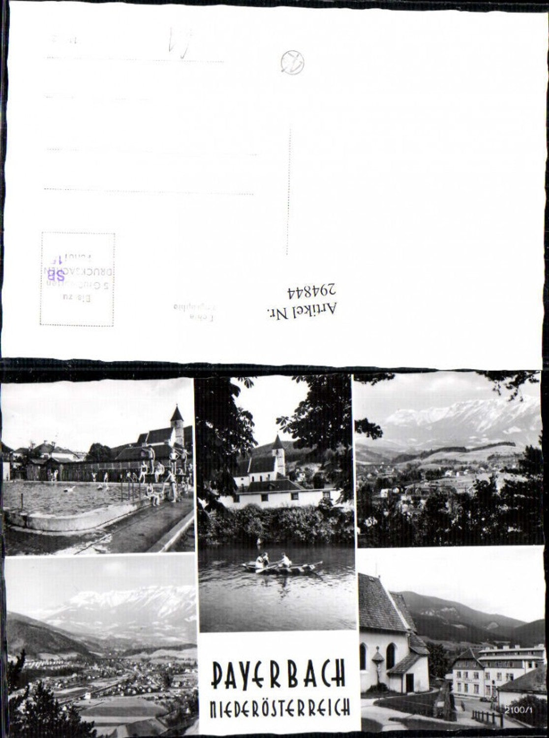 294844,Payerbach Totale Schwimmbad Kirche Ruderboot Mehrbildkarte