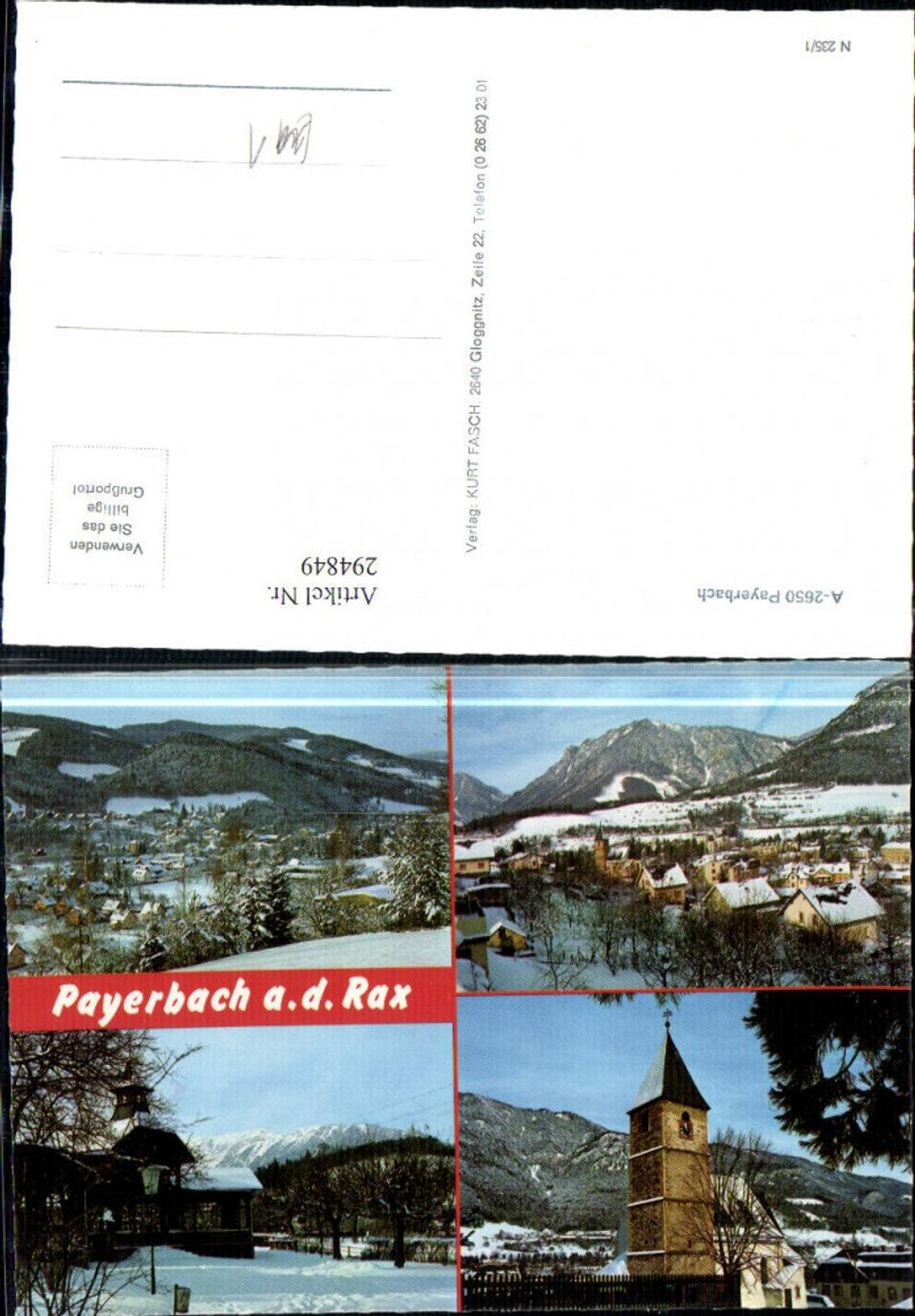294849,Payerbach an d. Rax Totale Kirche Bergkulisse Winterbilder Mehrbildkarte
