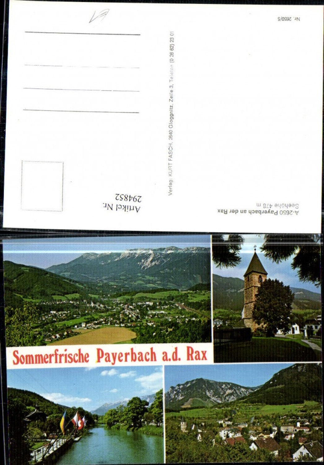 294852,Payerbach an d. Rax Totale Kirche Fluss Mehrbildkarte