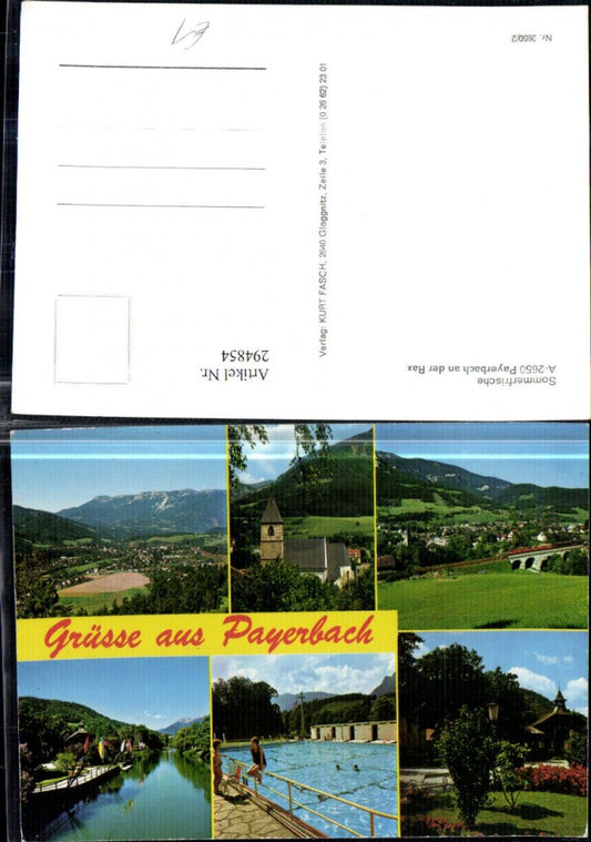 294854,Payerbach an d. Rax Totale Kirche Schwimmbad Viadukt Brücke Mehrbildkarte