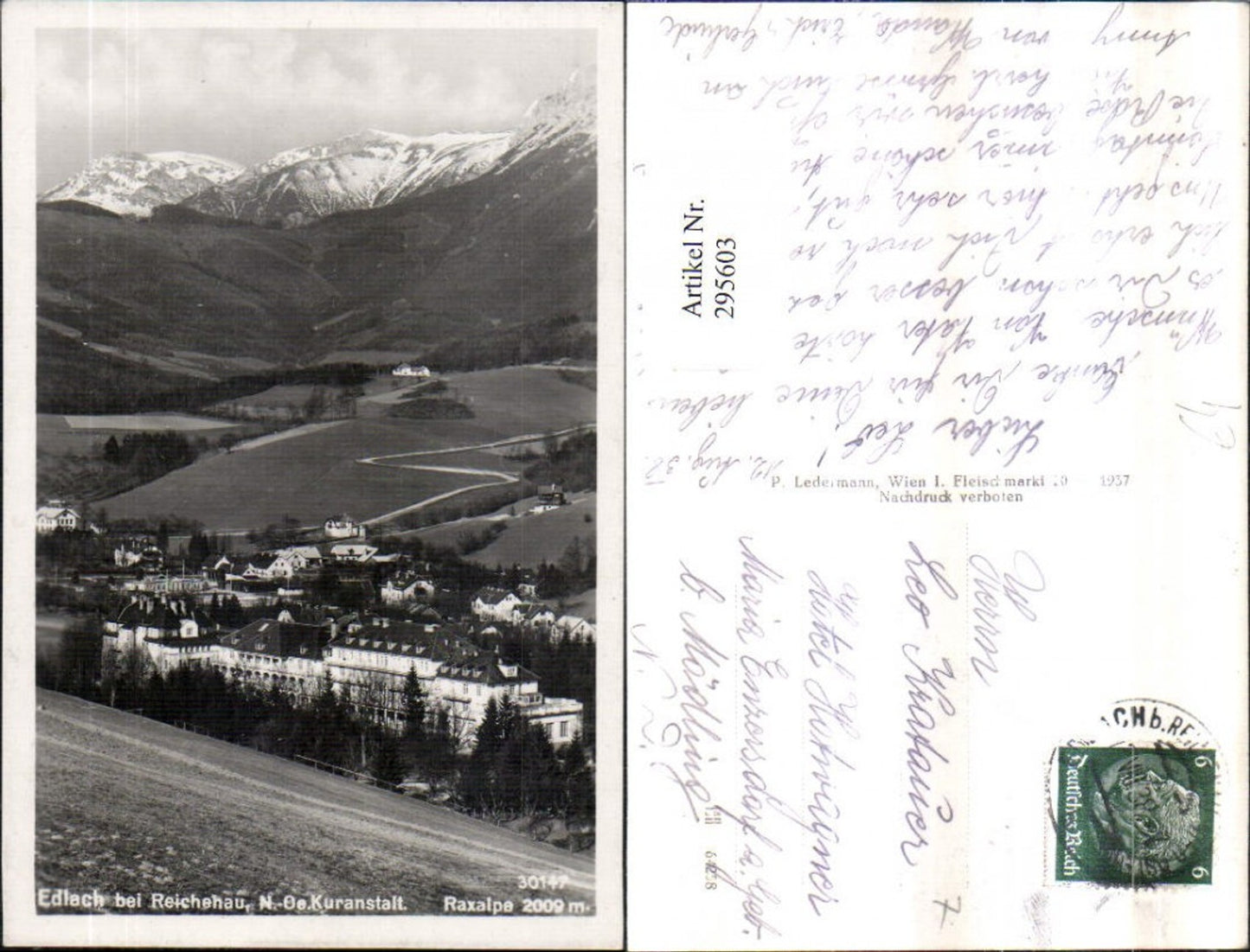 295603,Edlach b. Reichenau Totale m. Kuranstalt geg. Raxalpe Bergkulisse