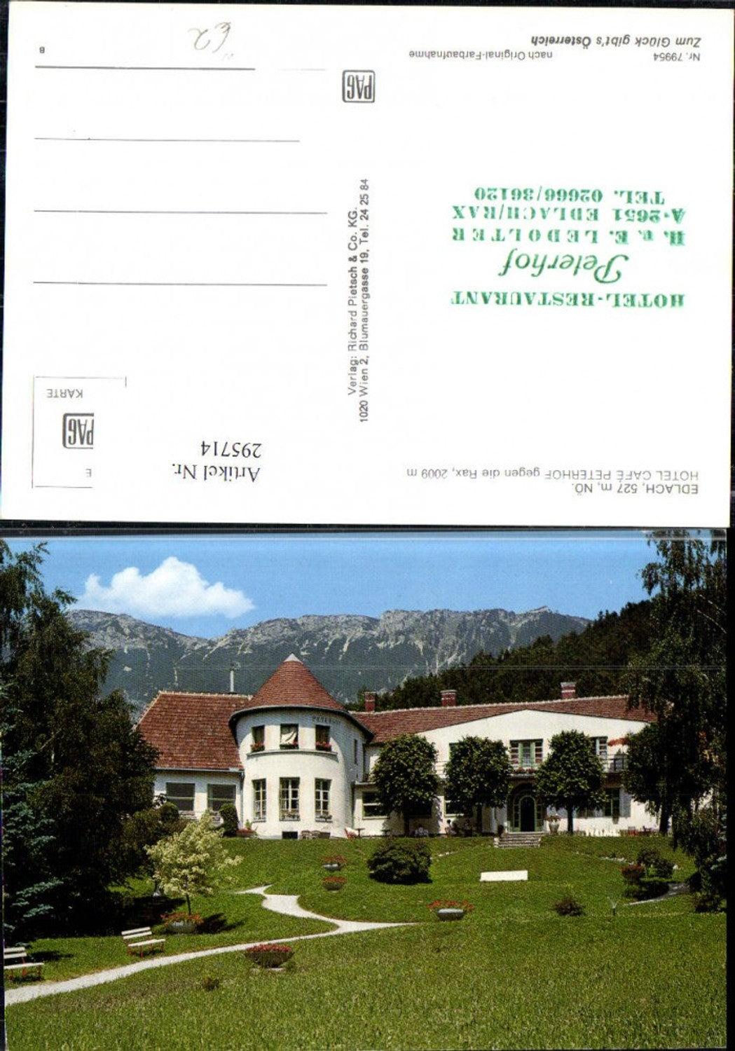 295714,Edlach b. Reichenau Hotel Cafe Peterhof geg. Rax Bergkulisse