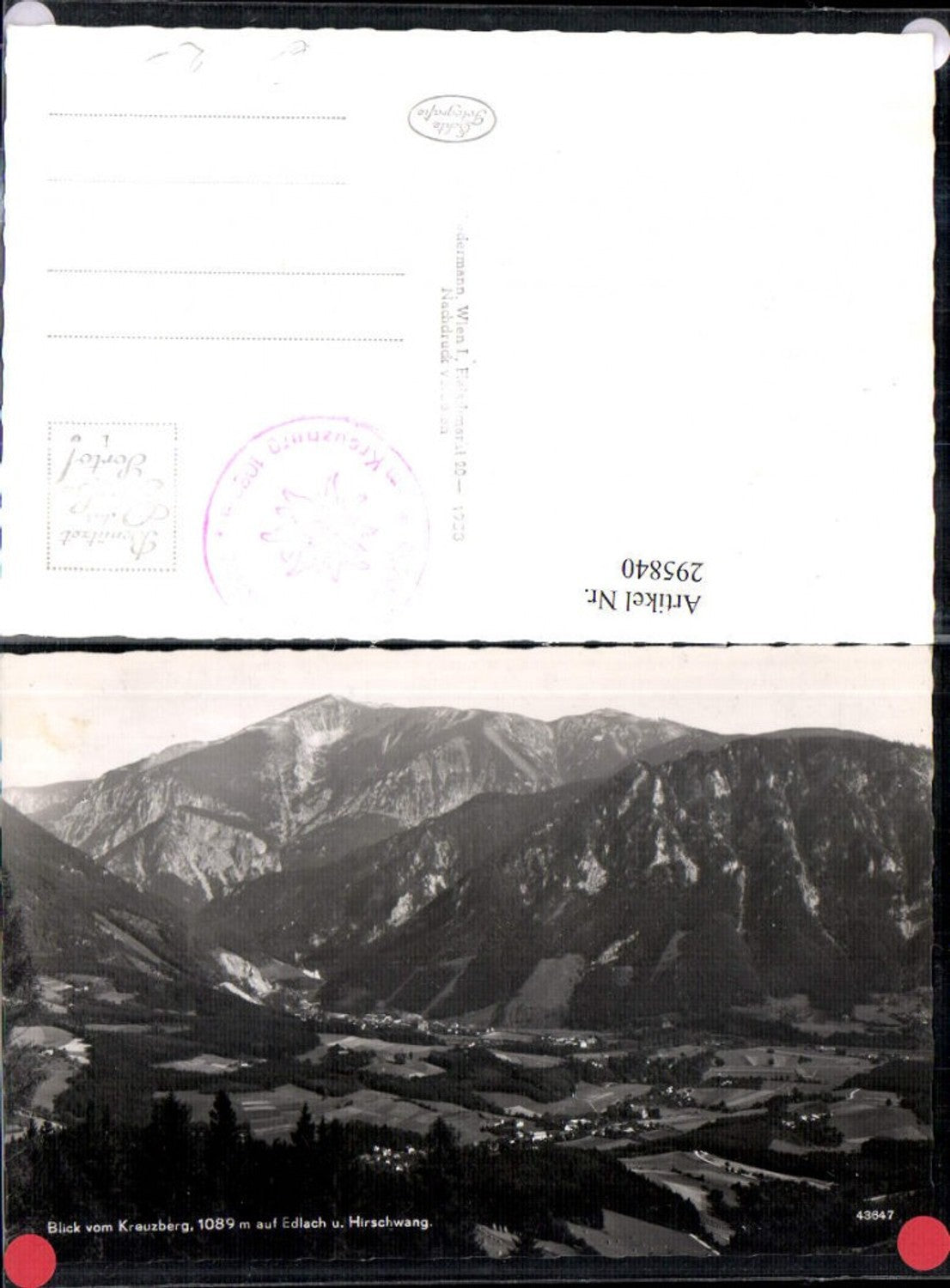 295840,Blick vom Kreuzberg auf Edlach u. Hirschwang Totale Bergkulisse