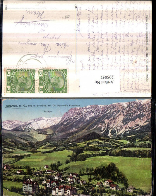295857,Edlach Totale m. Dr. Konrieds Kuranstalt geg. Raxalpe Bergkulisse