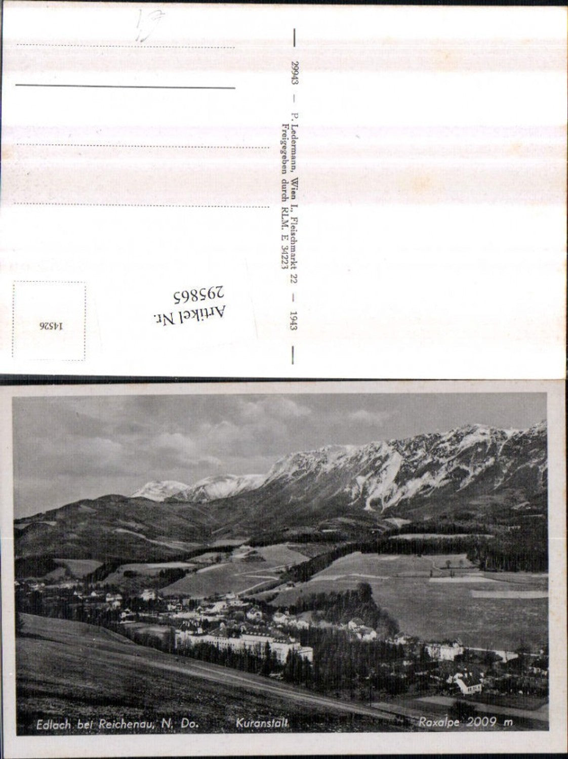 295865,Edlach b. Reichenau Totale m. Kuranstalt geg. Raxalpe Bergkulisse
