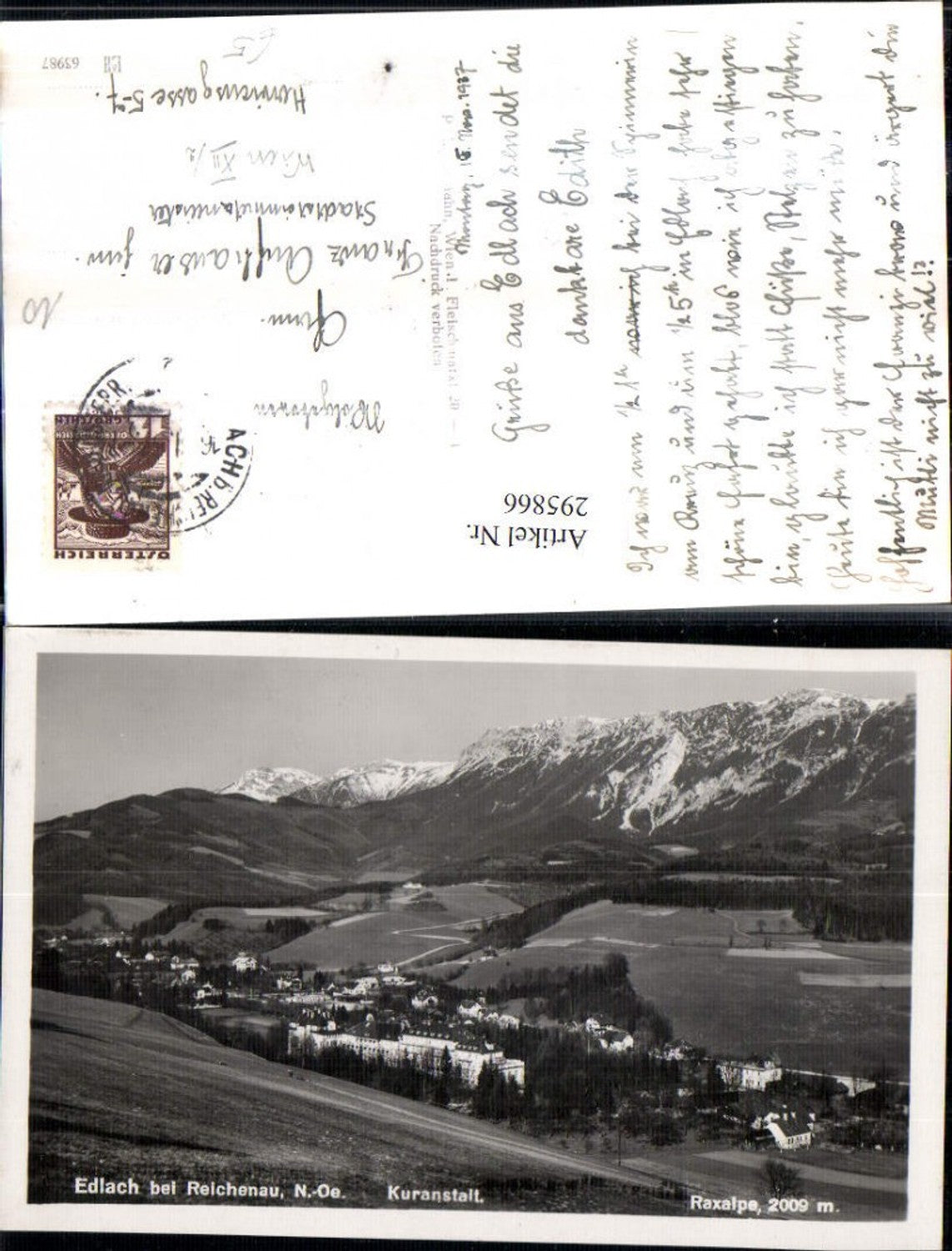 295866,Edlach b. Reichenau Totale m. Kuranstalt geg. Raxalpe Bergkulisse