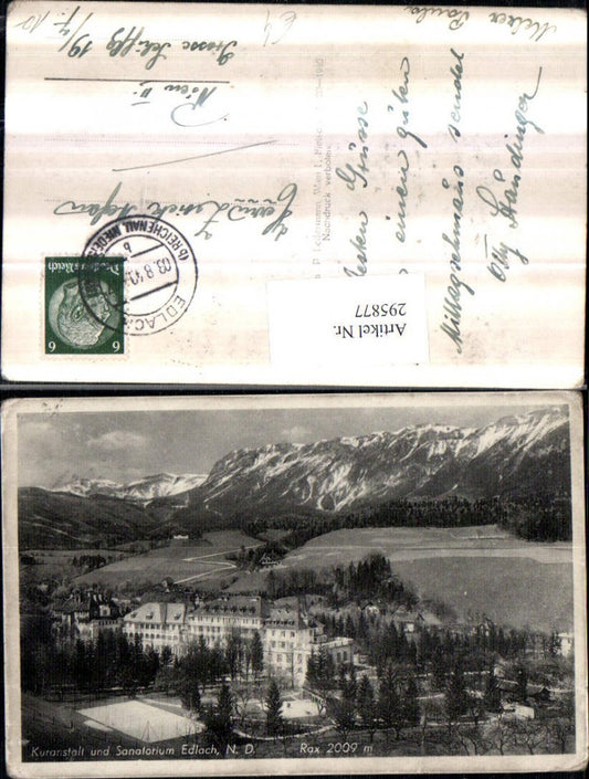 295877,Edlach Kuranstalt u. Sanatorium geg. Rax Bergkulisse