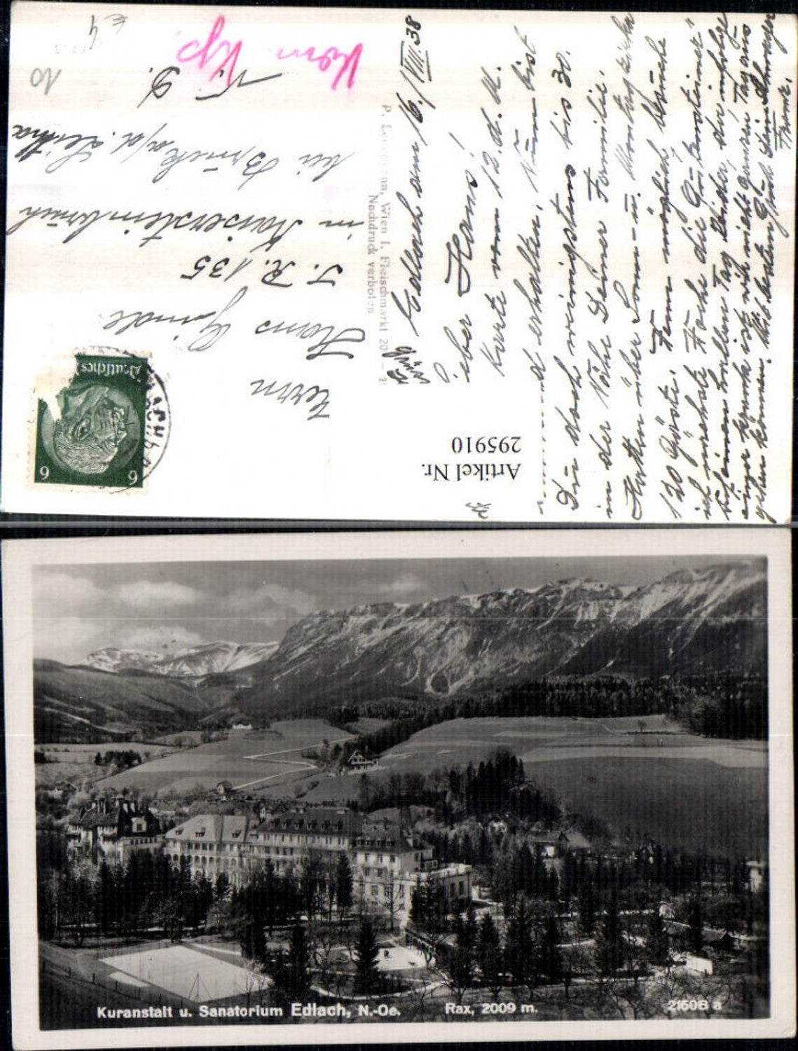 295910,Edlach Kuranstalt u. Sanatorium geg. Rax Bergkulisse