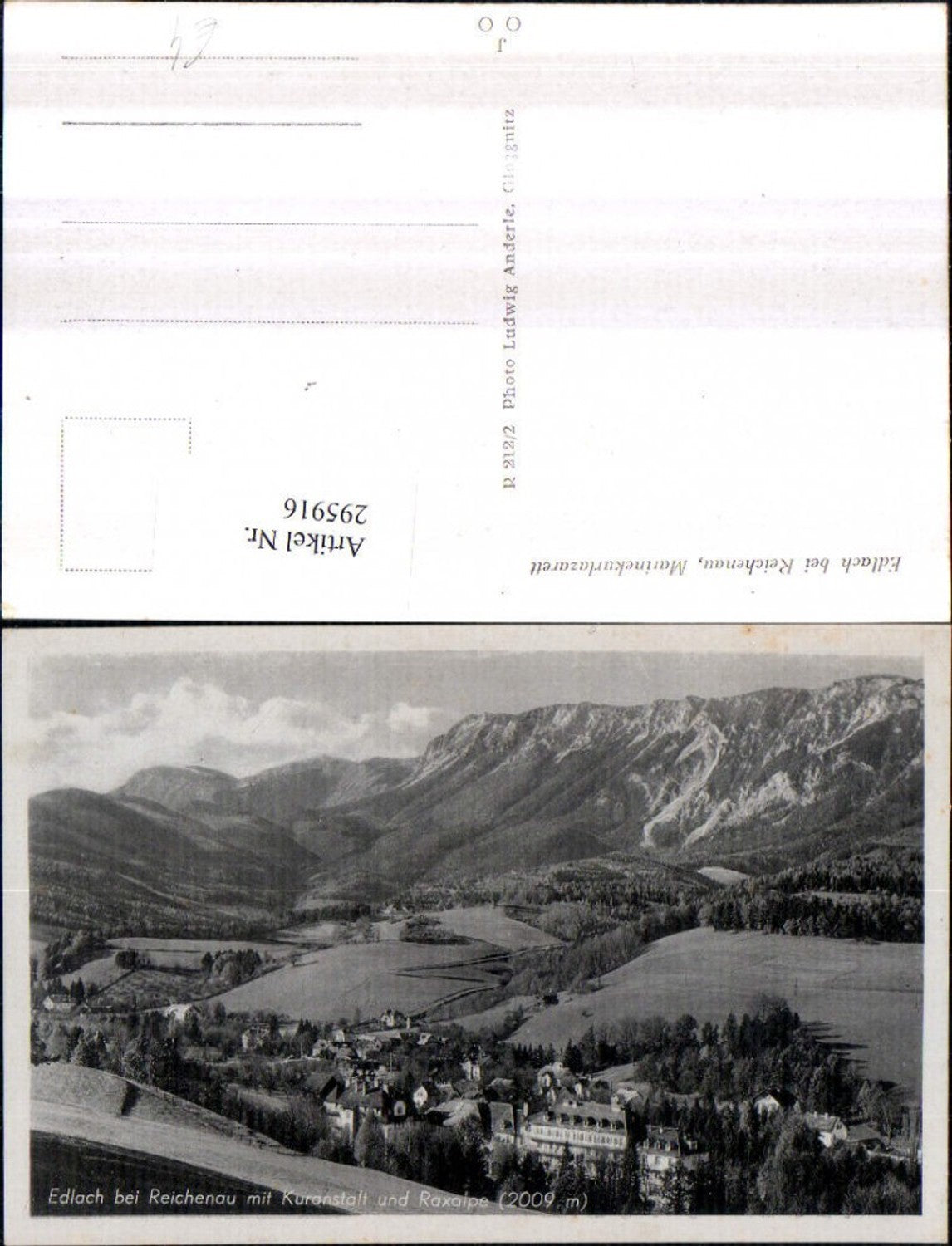 295916,Edlach b. Reichenau Totale m. Kuranstalt geg. Raxalpe Bergkulisse