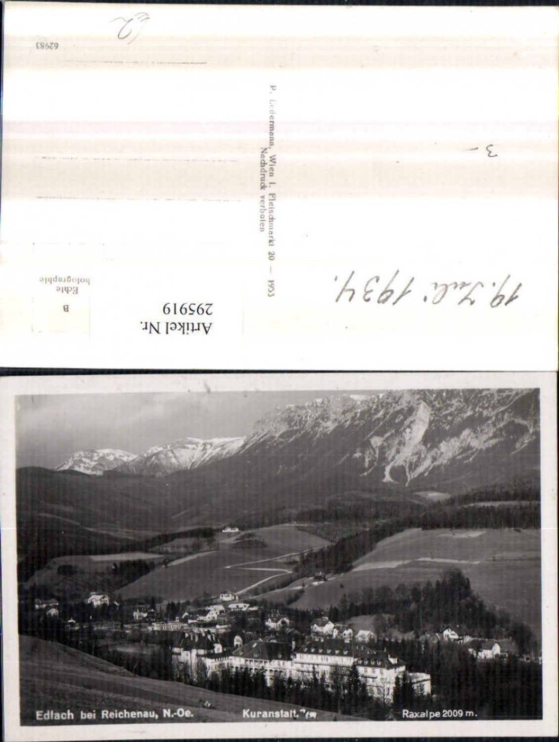 295919,Edlach b. Reichenau Totale m. Kuranstalt geg. Raxalpe Bergkulisse