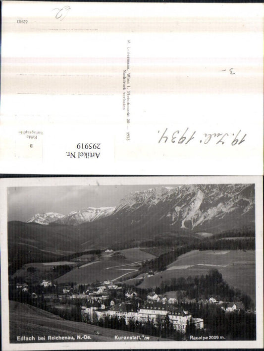 295919,Edlach b. Reichenau Totale m. Kuranstalt geg. Raxalpe Bergkulisse
