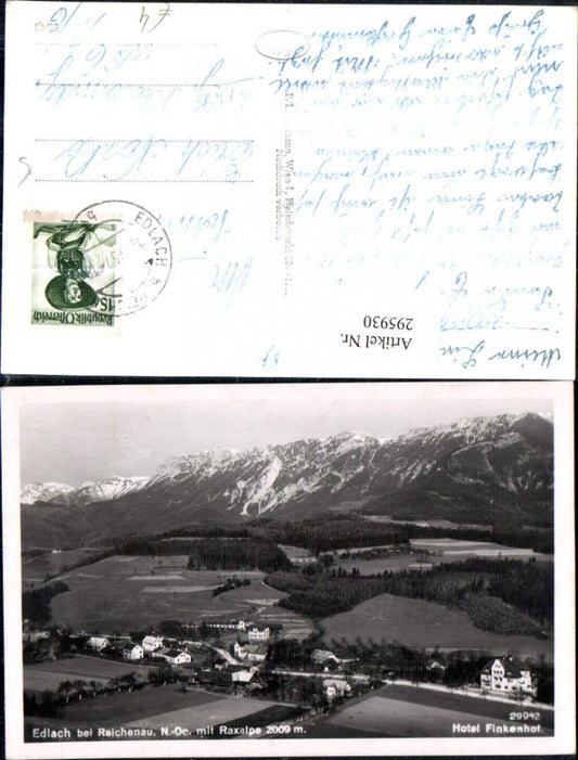 295930,Edlach b. Reichenau Totale m. Hotel Finkenhof geg. Raxalpe Bergkulisse