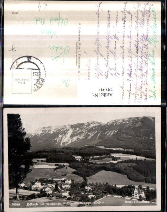 295935,Edlach b. Reichenau Totale m. Hotel Finkenhof geg. Raxalpe Bergkulisse