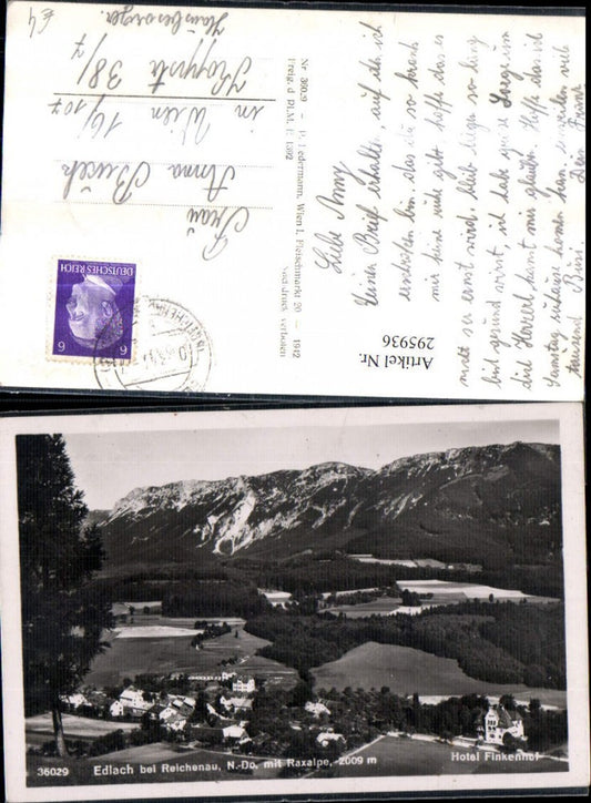 295936,Edlach b. Reichenau Totale m. Hotel Finkenhof geg. Raxalpe Bergkulisse