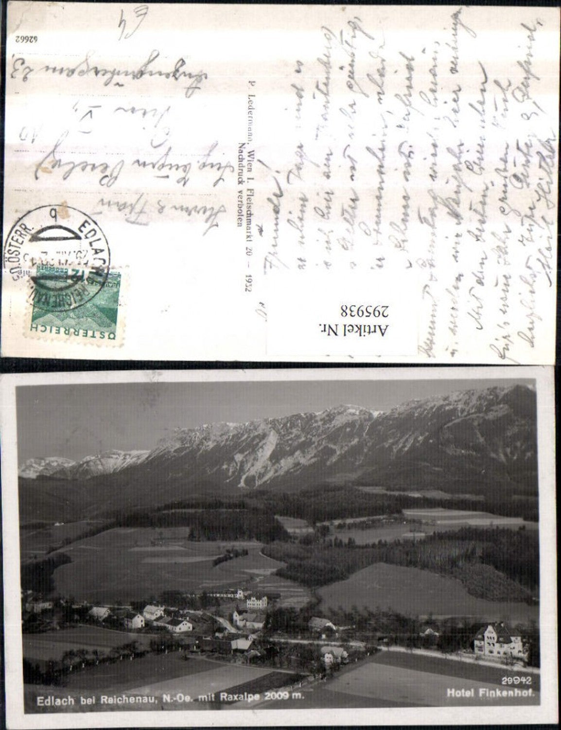295938,Edlach b. Reichenau Totale m. Hotel Finkenhof geg. Raxalpe Bergkulisse
