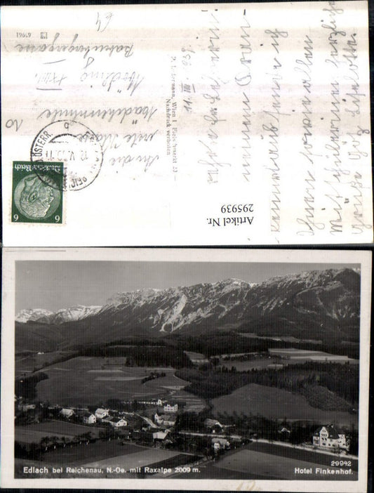 295939,Edlach b. Reichenau Totale m. Hotel Finkenhof geg. Raxalpe Bergkulisse