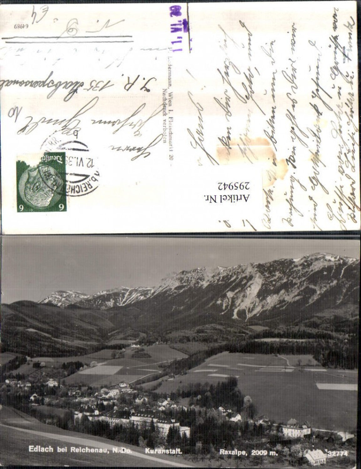 295942,Edlach b. Reichenau Totale m. Kuranstalt geg. Raxalpe Bergkulisse