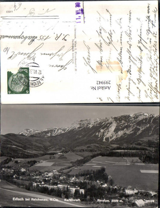 295942,Edlach b. Reichenau Totale m. Kuranstalt geg. Raxalpe Bergkulisse