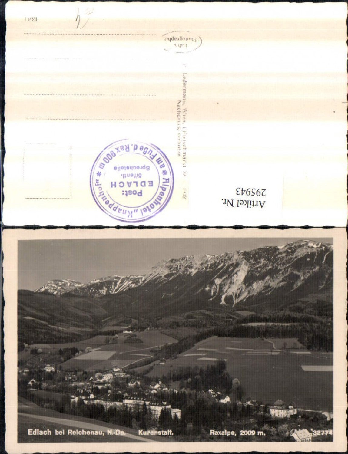 295943,Edlach b. Reichenau Totale m. Kuranstalt geg. Raxalpe Bergkulisse