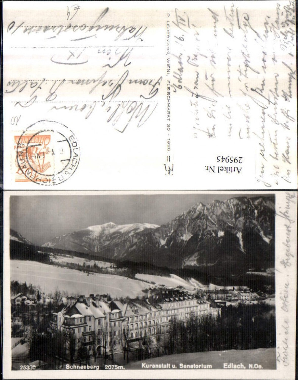 295945,Edlach Kuranstalt u. Sanatorium geg. Schneeberg Bergkulisse Winterbild