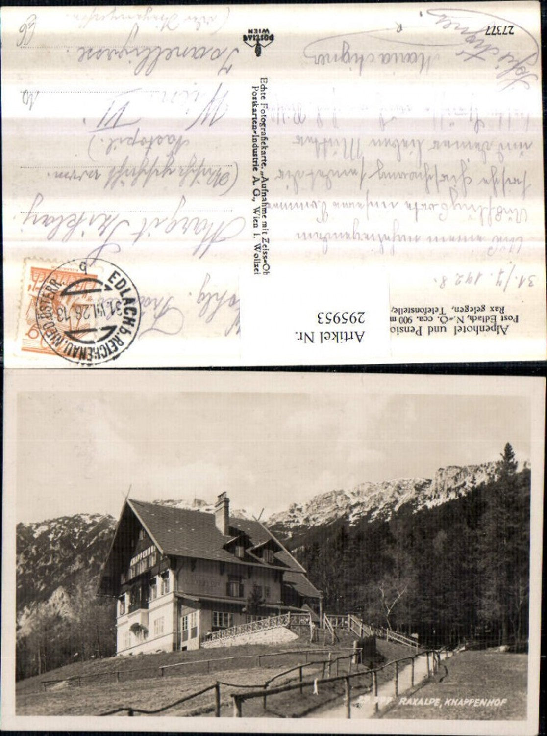 295953,Alpenhotel u. Pension Knappenhof b. Edlach m. Raxalpe Bergkulisse