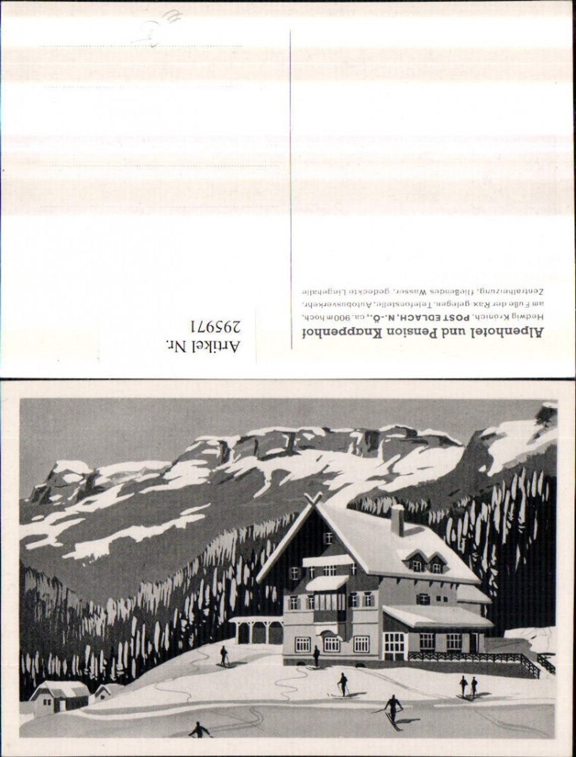 295971,Künstler AK Alpenhotel u. Pension Knappenhof b. Edlach an d. Rax Bergkulisse Winterbild