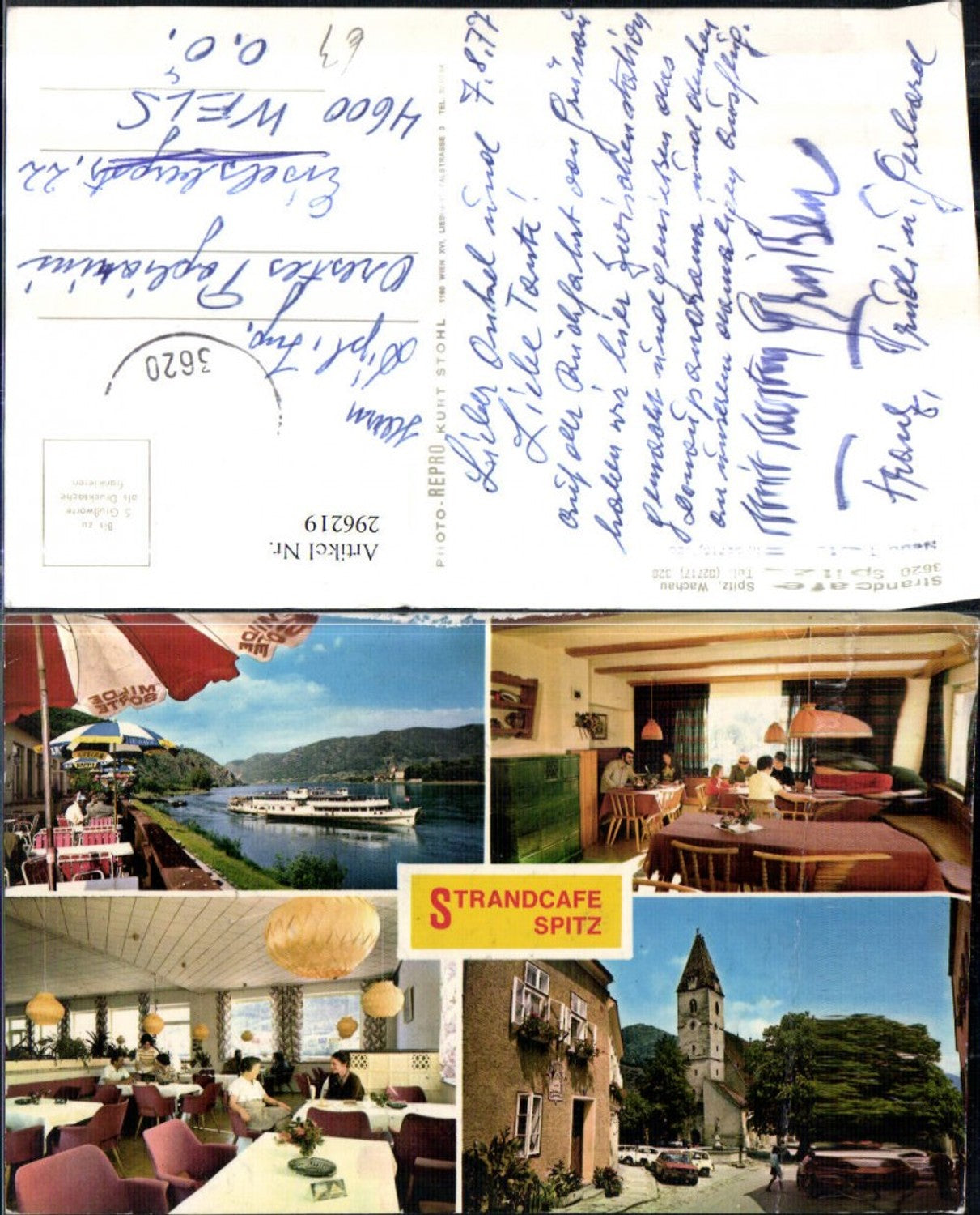 296219,Spitz an d. Donau Strandcafe Terrasse Kirche Dampfer Mehrbildkarte