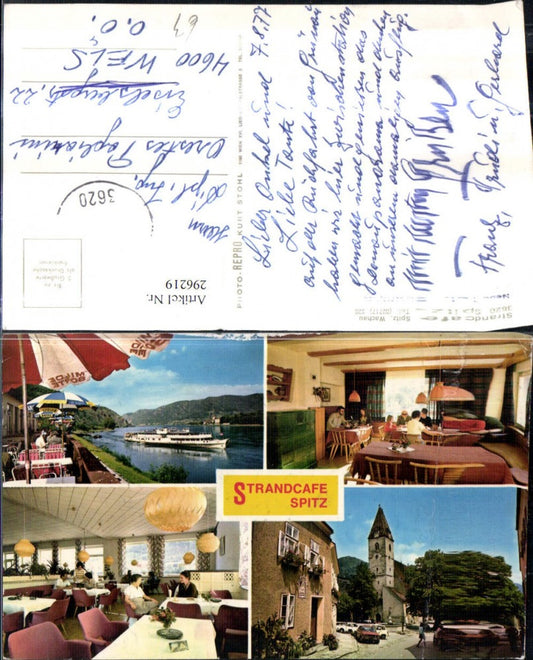 296219,Spitz an d. Donau Strandcafe Terrasse Kirche Dampfer Mehrbildkarte