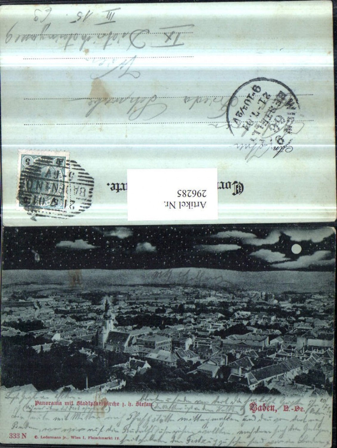 296285,Mond Litho AK Baden Totale Panorama m. Stadtpfarrkirche zum hl. Stefan