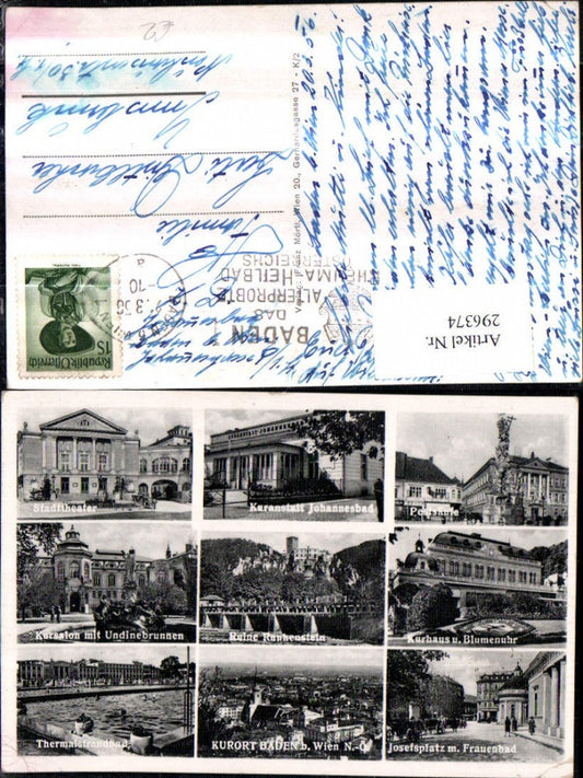 296374,Baden b. Wien Totale Stadttheater Kursalon Pestsäule Ruine Mehrbildkarte