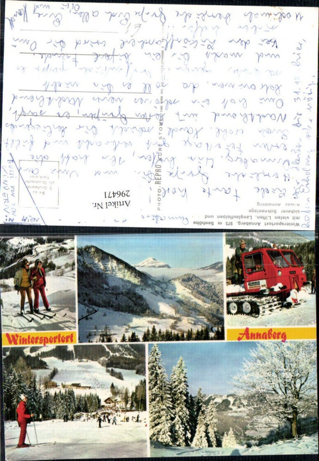 296471,Annaberg Totale Skipiste Skifahrer Berglift Pistenraupe Winterbilder Mehrbildkarte