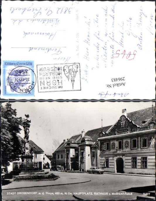 296483,Drosendorf an d. Thaya Hauptplatz Straßenansicht Rathaus u. Mariensäule