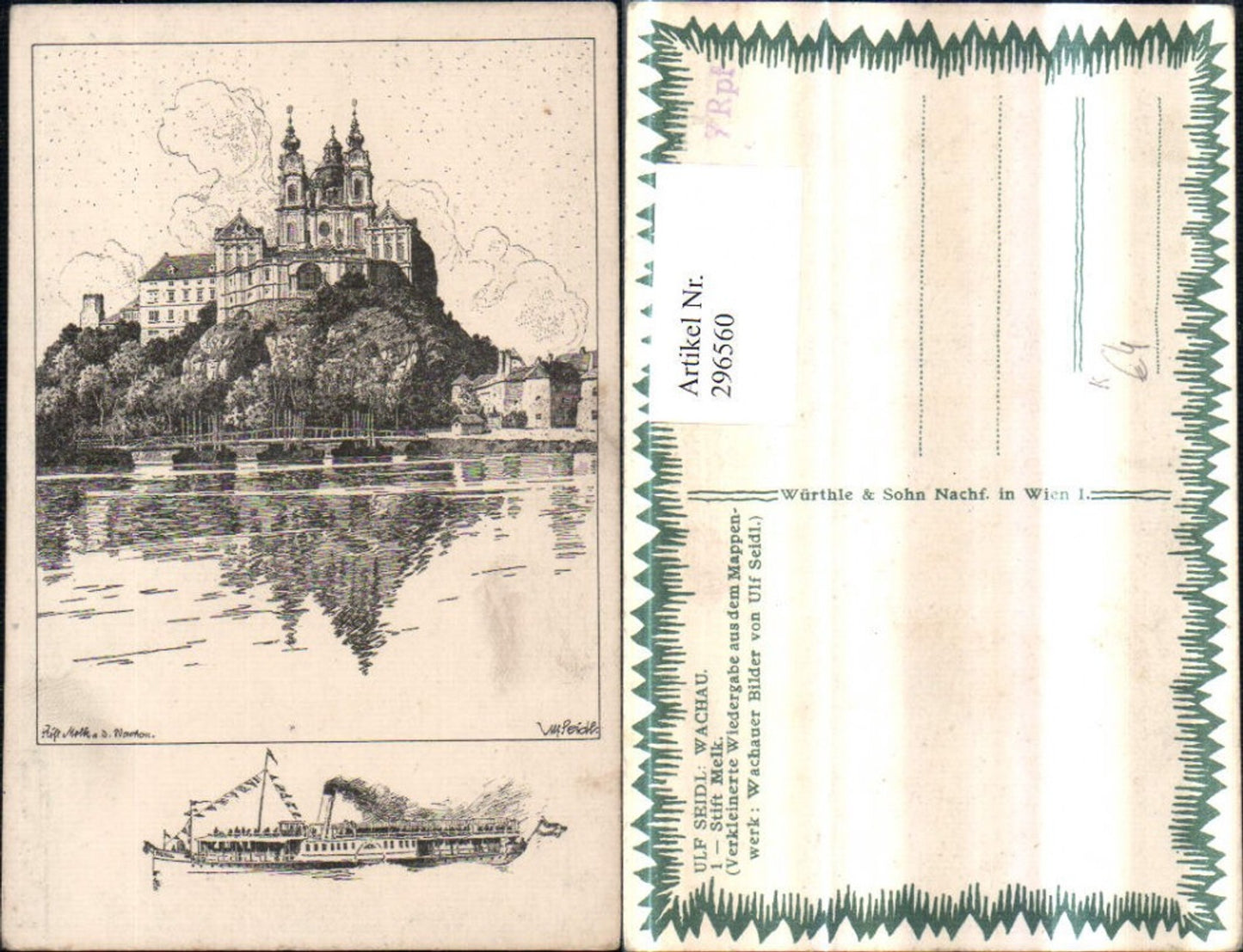 296560,Künstler AK Ulf Seidl Stift Melk an d. Donau Dampfer