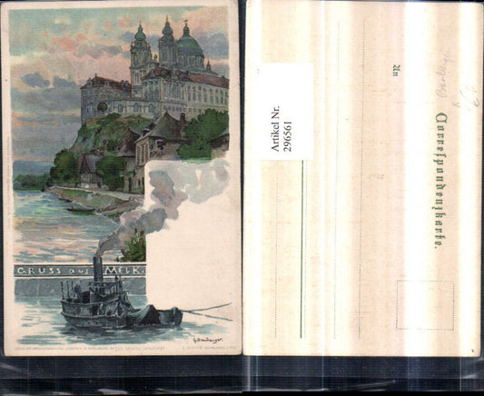 296561,Künstler AK G. Bamberger Gruß aus Melk Stift Dampfer pub J. Velten Karlsruhe 335