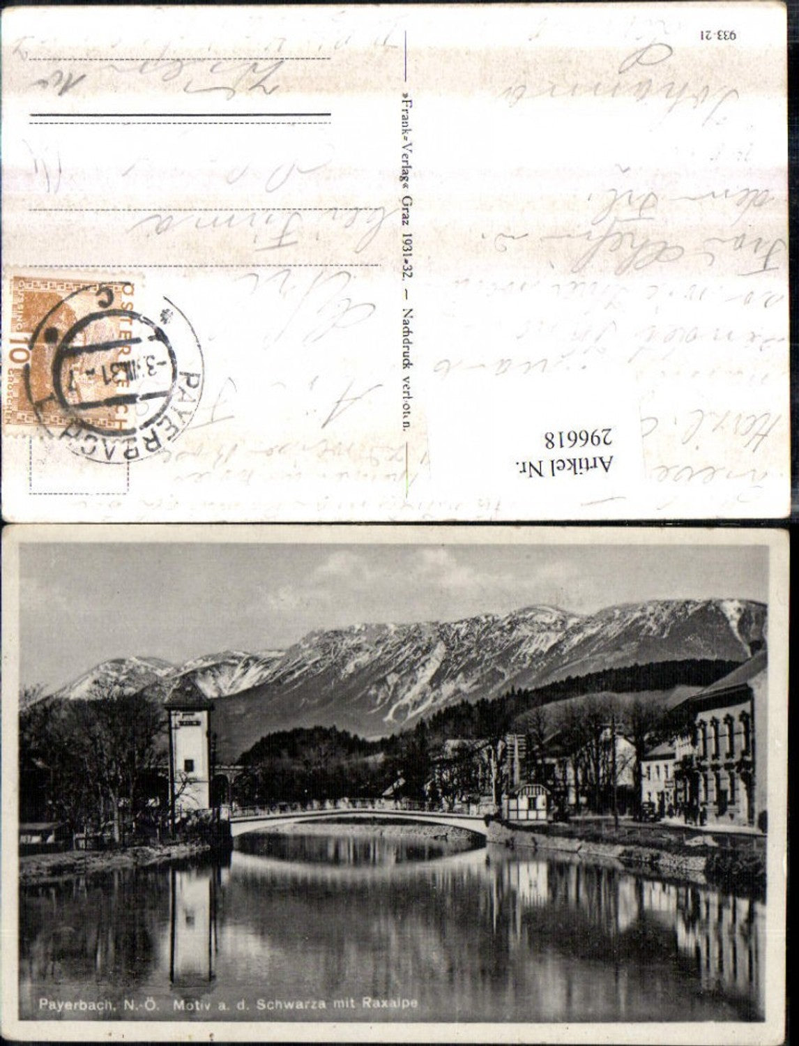 296618,Payerbach Motiv an d. Schwarza Brücke Turm m. Raxalpe Bergkulisse