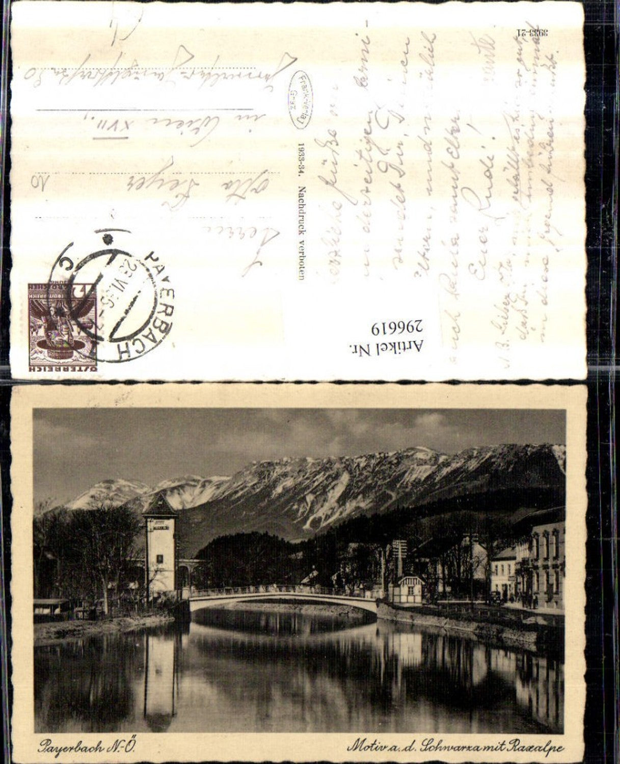 296619,Payerbach Motiv an d. Schwarza Brücke Turm m. Raxalpe Bergkulisse