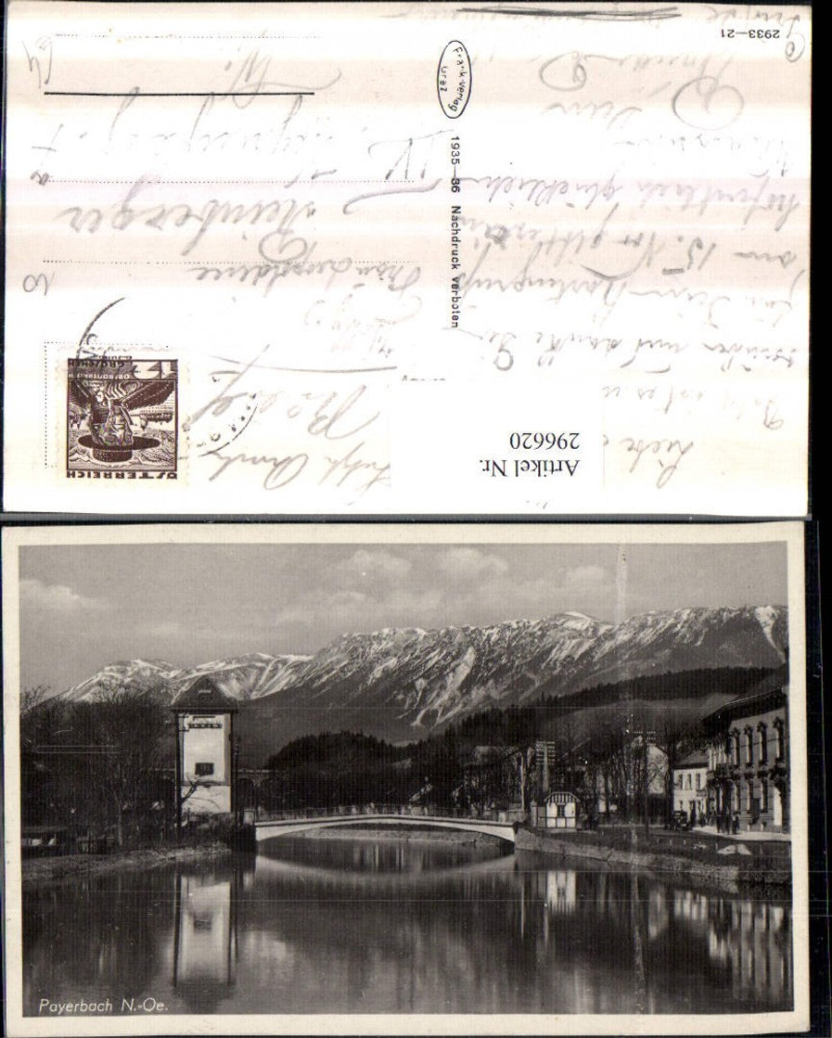 296620,Payerbach Motiv an d. Schwarza Brücke Turm m. Raxalpe Bergkulisse