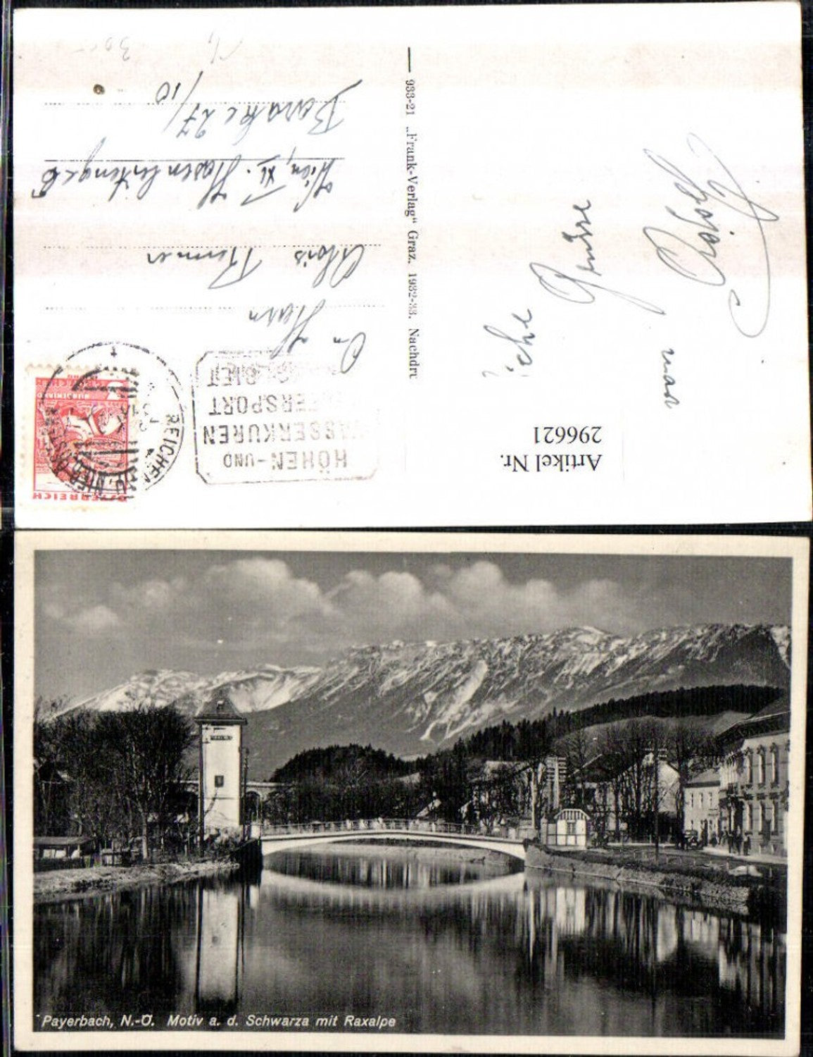 296621,Payerbach Motiv an d. Schwarza Brücke Turm m. Raxalpe Bergkulisse